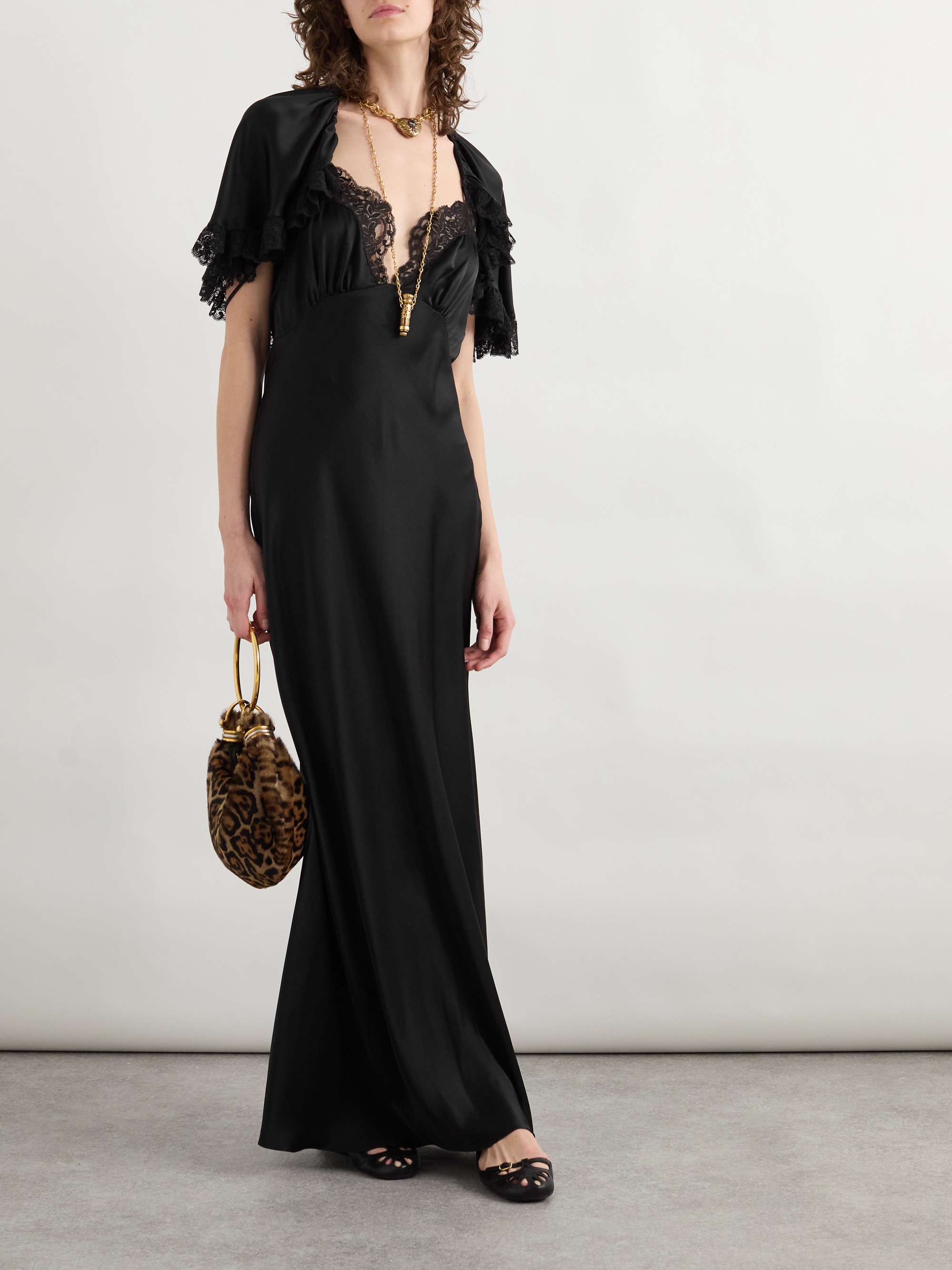Cape-Effect Lace-Trimmed Silk-Satin Gown