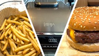 Split image of fries cooked using air fryer, Ninja 5-in-1 air fryer, and burger cooked using air fryer