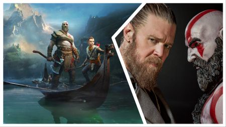 God of War on the left and on the right Ryan Hurst standing opposite Kratos 