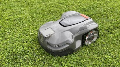 close up of Husqvarna Automower 415x robot mower on lawn
