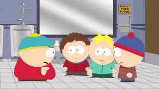 (L to R) Cartman, Clyde, Butters and Stan in the bathroom in South Park season 26