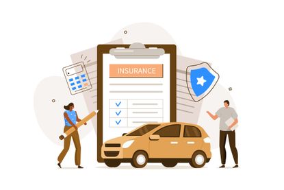 People Character Signing Auto car Insurance Policy Form. Insurance Agent or Salesman providing Security Document. Auto Care and Protection Concept. Flat Cartoon Illustration.