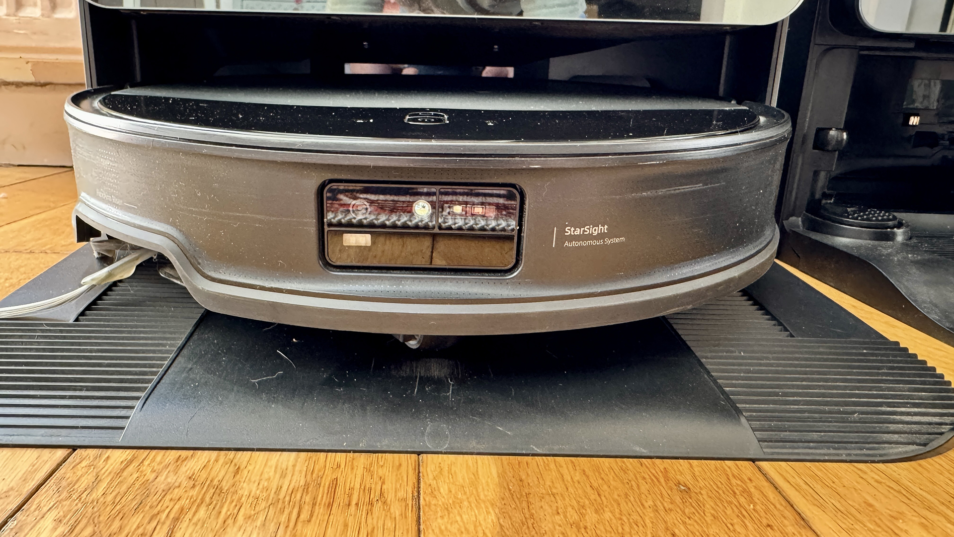 Close up of camera on front of Roborock Saros 10R robot vacuum