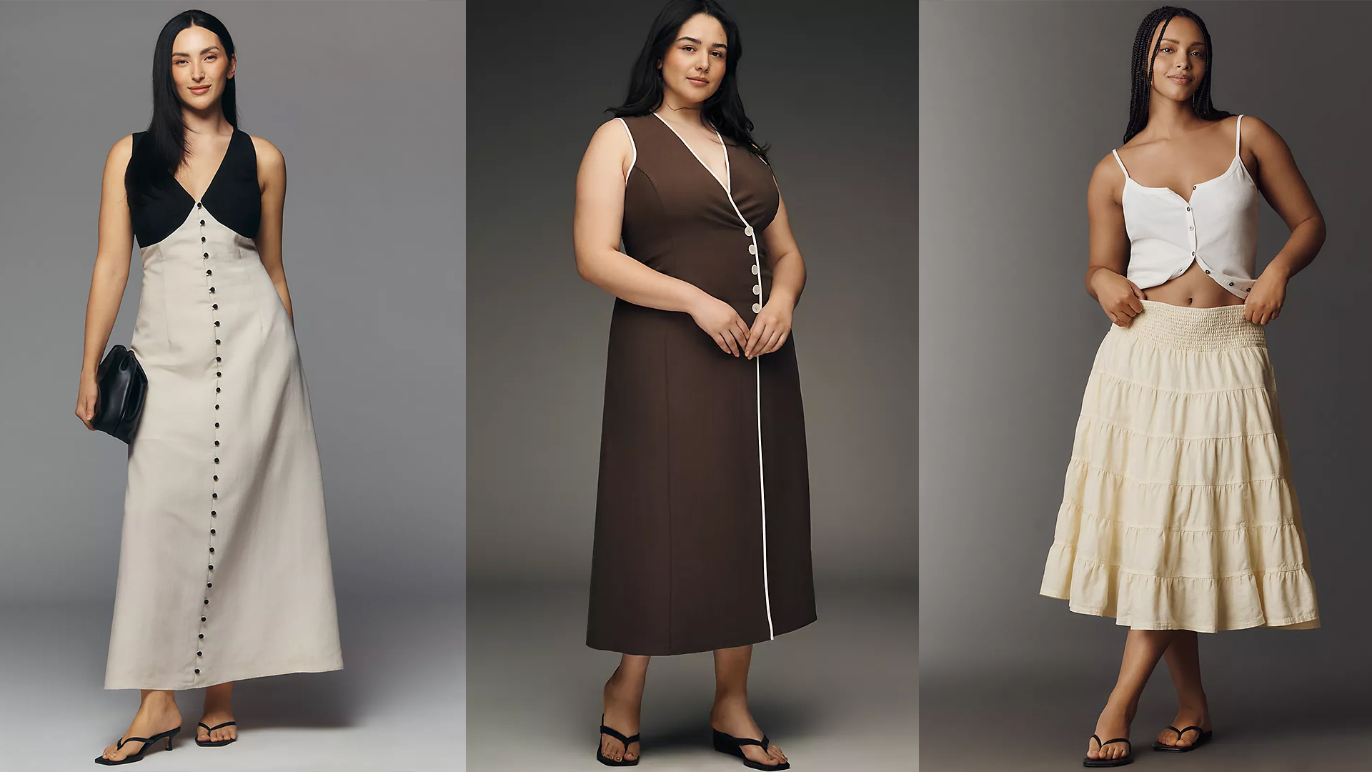  One model wears black and white color blocked v-neck dress, another wears brow dress with asymmetric buttons, and the last wears a white top with a flowy yellow skirt