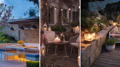 compilation image of three patios at night to show exterior lighting in use