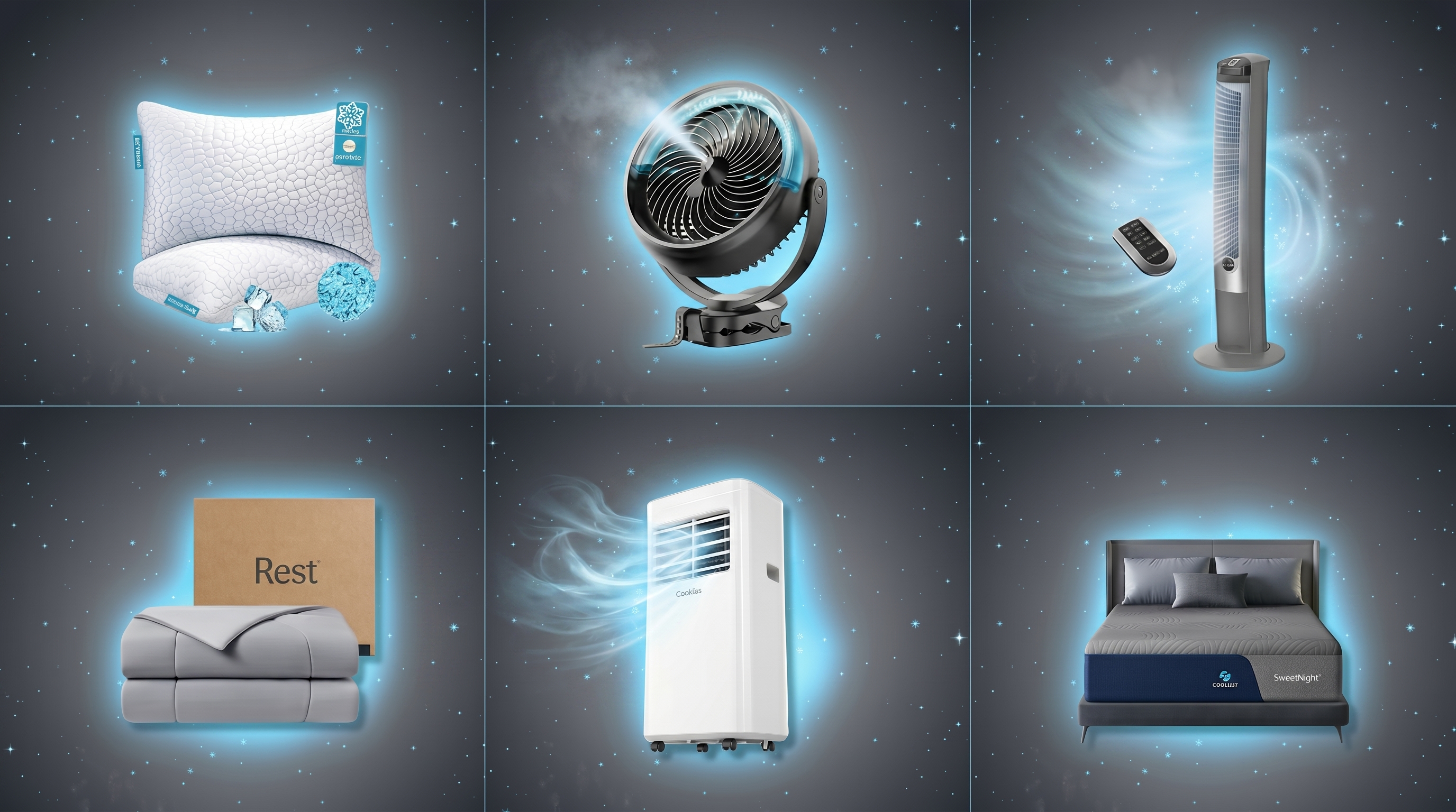 A collage featuring cooling sleep gadgets and mattresses