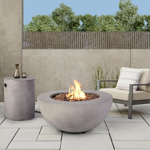Reequo 2-Piece Outdoor Propane Fire Pit Table Set W/tank Cover Table, 31.5-Inch 50,000 Btu Csa Certification Bowl Concrete Firepit Sus201 Round Burner With Steel Lid, Lava Rocks, Rain Cover…