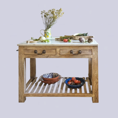 Wooden kitchen island with slat shelf