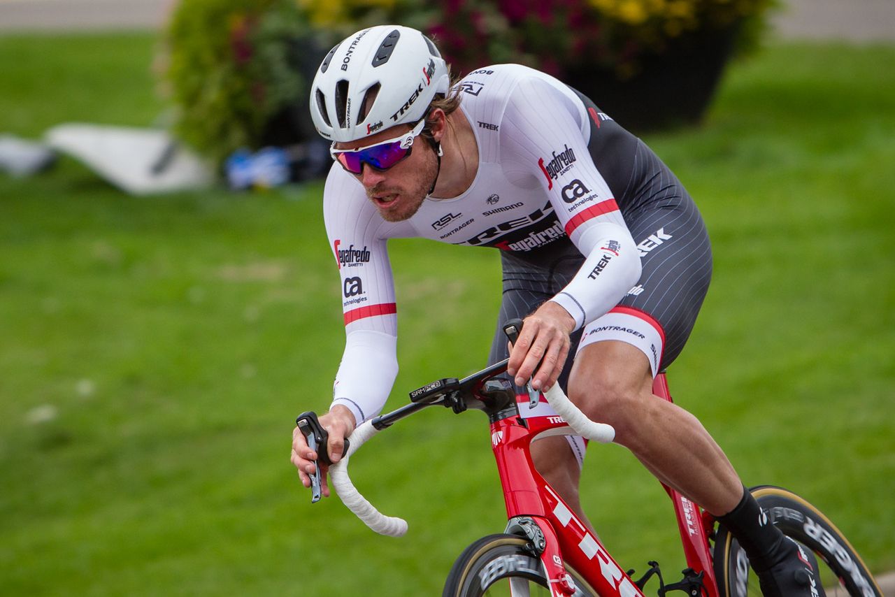 Gregory Rast (Trek-Segafredo) leans through a turn