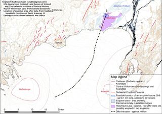 Geologic map of Bardarbunga volcano and Holuhraun lava field. Dotted line shows underground magma tunnel (dike).