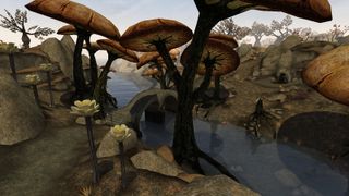 Giant mushrooms over a bridge
