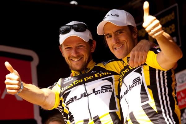 Overall leaders Karl Platt and Stefan Sahm of Team Bulls during stage seven of the 2010 Absa Cape Epic Mountain Bike stage race held in and around Oak Valley in the Western Cape, South Africa.