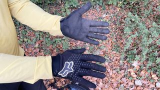 Fox Defend Gloves worn with leafy trail backdrop