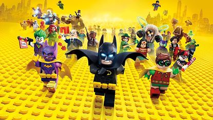 A still from the Lego Batman movie in which all of the animated characters are running towards the camera against a yellow, lego background.