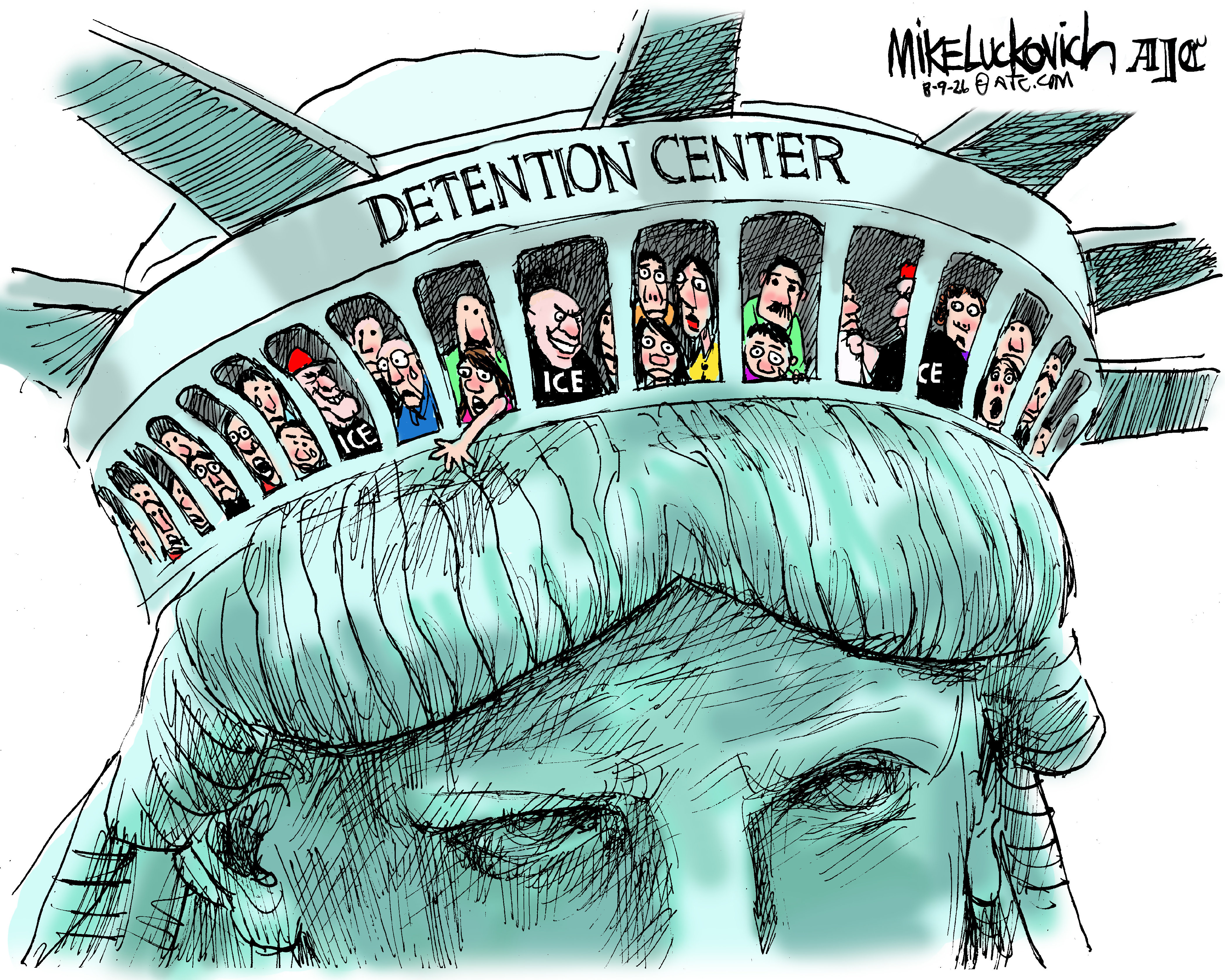 This cartoon depicts the crown observation deck atop the Statue of Liberty. It is filled with dark-skinned people, ICE agents with menacing eyes, and has been renamed, &amp;ldquo;Detention Center.&amp;rdquo; The Statue of Liberty looks weary.