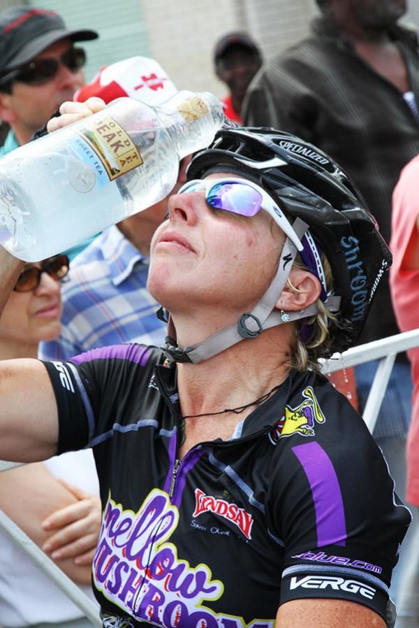 Laura Van Gilder (Mellow Mushroom) the "Winningest woman in the USA" cools down at the start line.