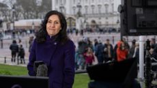 Maryam Moshiri reporting outside Buckingham Palace on February 19, 2026 in London