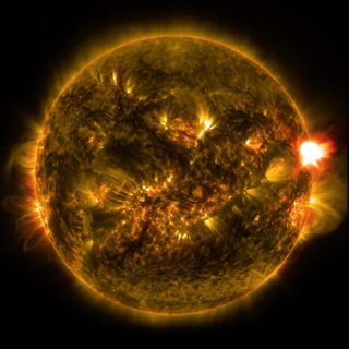 The first significant solar flare of 2015 erupted just before midnight EST on Monday (Jan. 12). This image of the flare, capture by NASA's Solar Dynamics Observatory, combines two wavelengths of light.