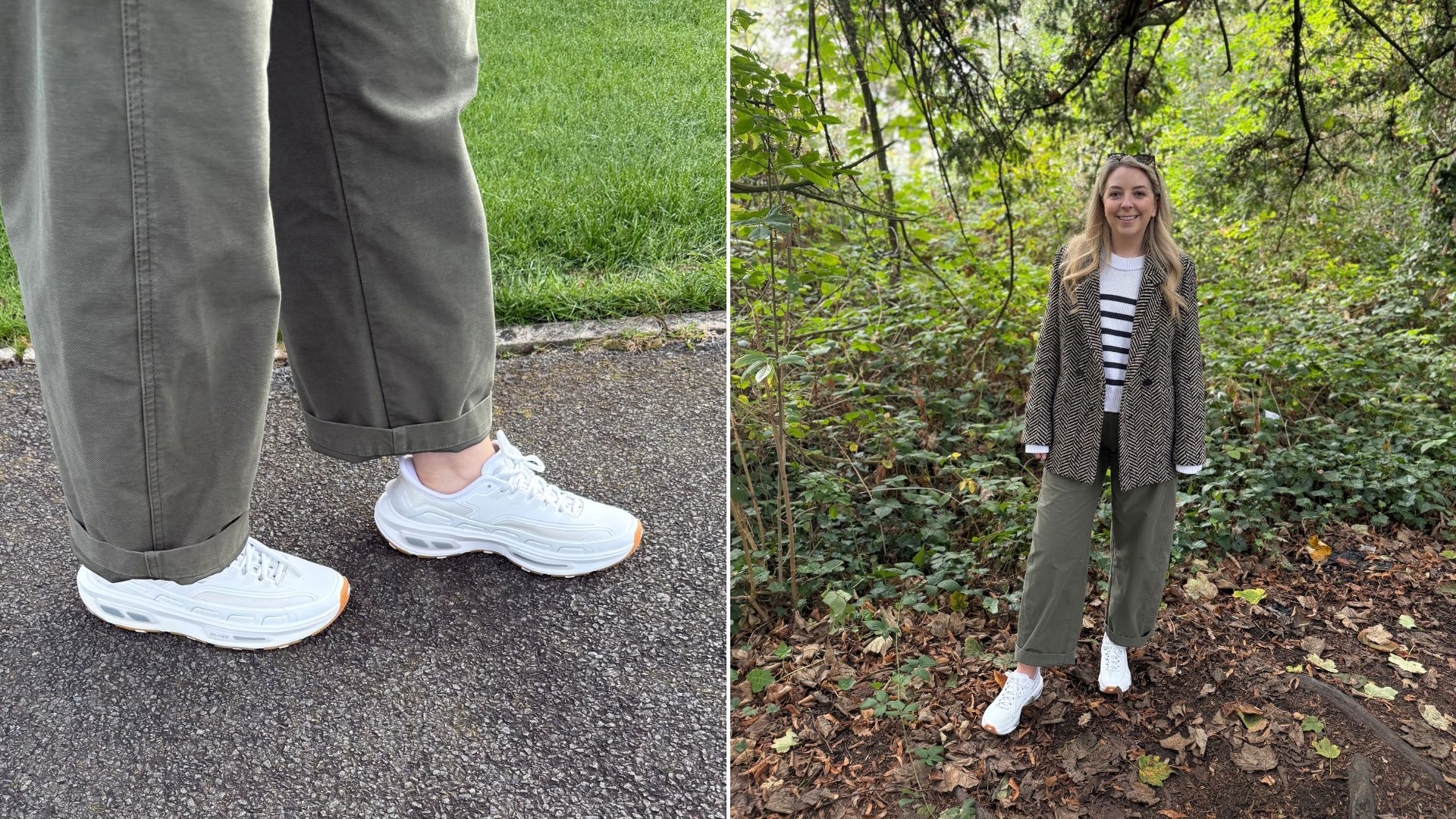 Two images of Caroline Parr wearing Skechers D'Lites 