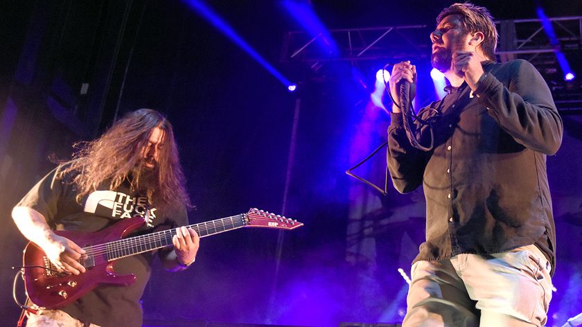 Stephen Carpenter (L) and Chino Moreno of Deftones perform during Riot Fest at National Western Complex on September 2, 2016 in Denver, Colorado