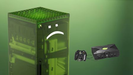 Xbox Series X25 with sad face on left and Mattel Brick Shop OG Xbox model on right.