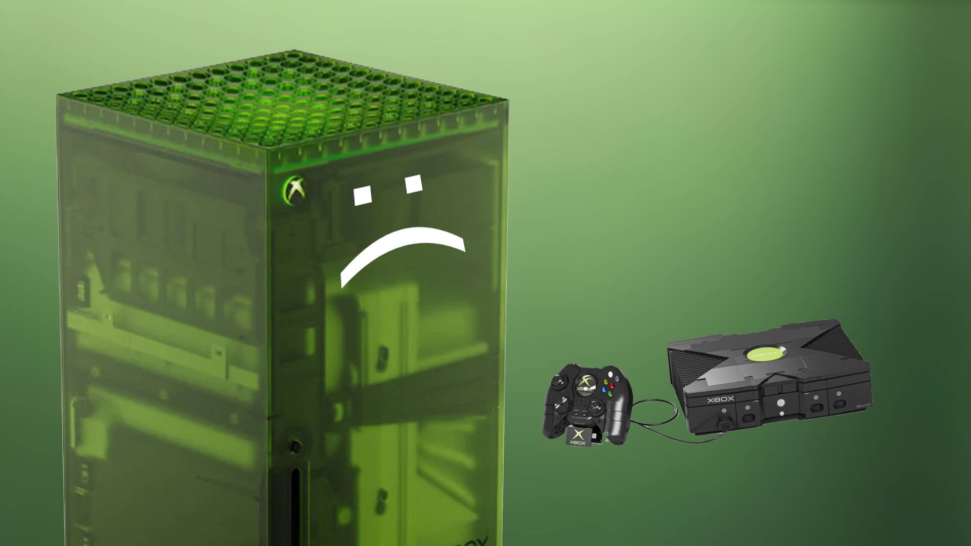 Xbox Series X25 with sad face on left and Mattel Brick Shop OG Xbox model on right.