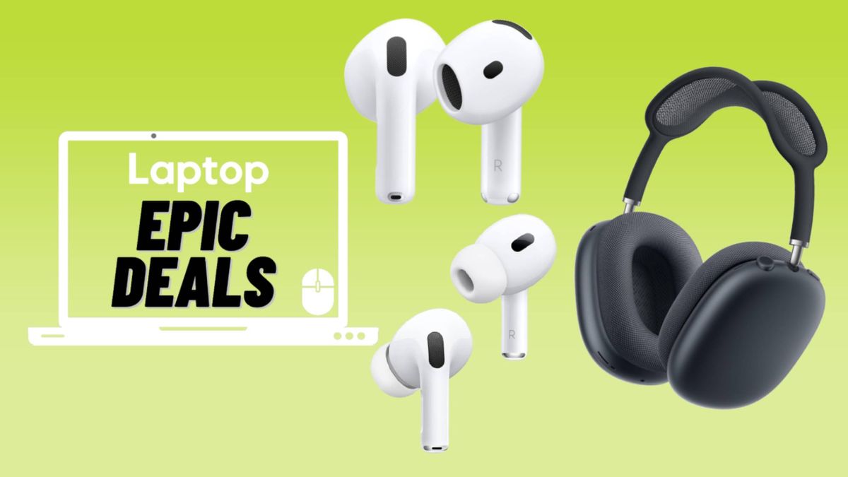 Best AirPods deals , AirPods 4, AirPods Pro 2. AirPods Max in midnight colorway against green gredient background