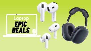 Best AirPods deals, AirPods 4, AirPods Pro 2. AirPiods Max in midnight colorway against green gredient background