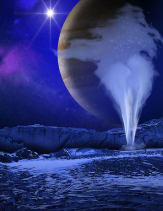 An artist's illustration of Jupiter's icy moon Europa, with a water geyser erupting in the foreground while Jupiter appears as a backdrop. Images from the Hubble Space Telescope suggest Europa may have water plumes like Saturn's moon Enceladus. Image released Dec. 12, 2013.