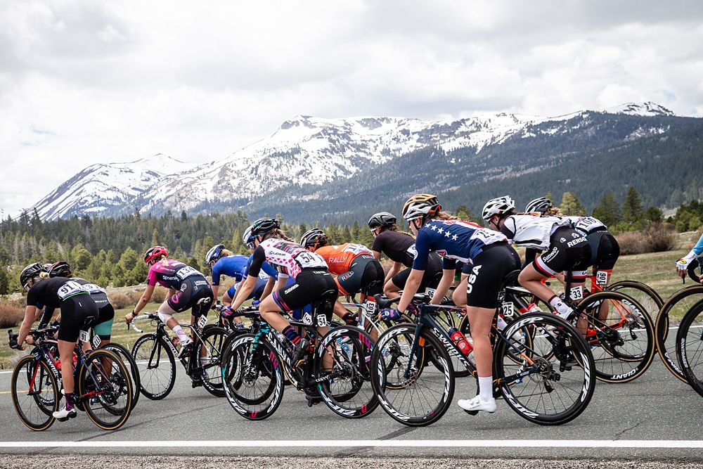The peloton hits the first climb of the day during stage 2 of the Amgen Tour of California Women's Race