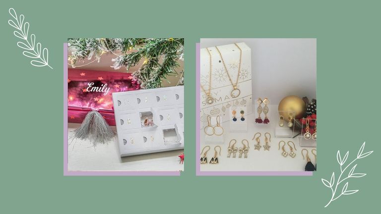 two of w&h's best jewelry advent calendars on a green background with festive decorations
