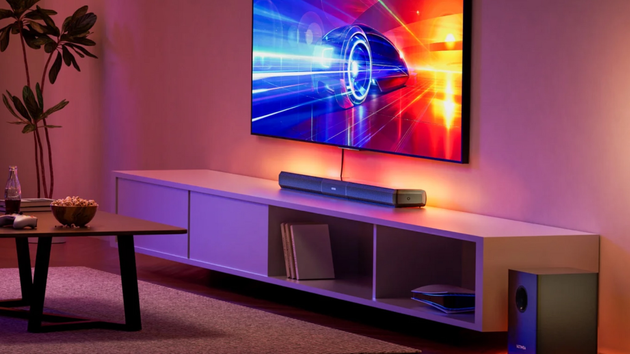 This cheap Dolby Atmos soundbar splits into 3 speakers, and has its own Philips Hue-style LED lights too