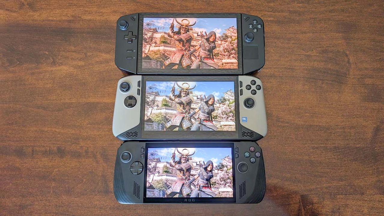 Lenovo Legion Go, MSI Claw 8 AI+, and ROG Ally X all displaying the same Assassin's Creed Shadows image.