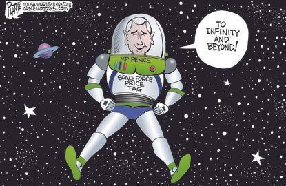 Political cartoon U.S. Mike Pence Space Force Buzz Lightyear Toy Story money