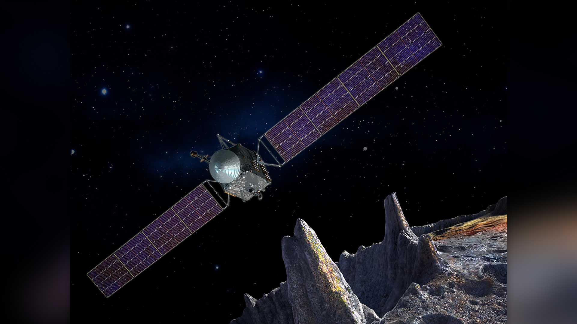 Artist concept of the Psyche spacecraft, which will conduct a direct exploration of an asteroid thought to be a stripped planetary core.