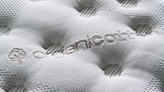 Image shows the top of the Saatva Classic Mattress with the words embossed cotton knitted into the cover