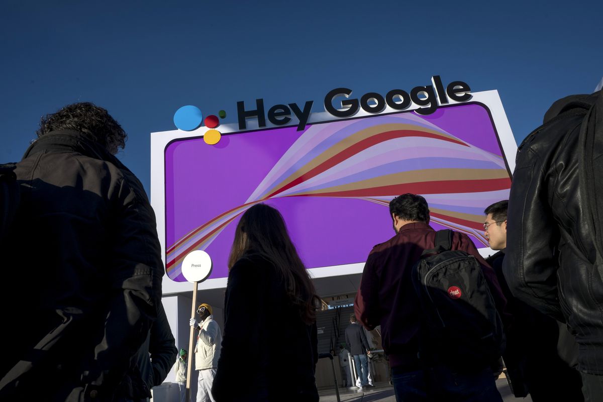 A &amp;#039;Hey Google&amp;#039; logo outside a building at CES 2022