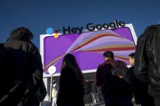 A 'Hey Google' logo outside a building at CES 2022
