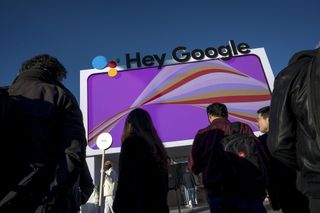 A 'Hey Google' logo outside a building at CES 2022