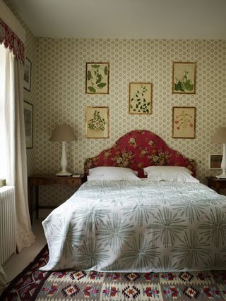 vintage bedroom with floral headboard and hares tail bedspread
