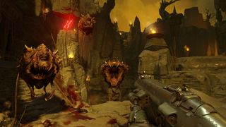 Taking on a group of Cacodemon in Doom 2016.