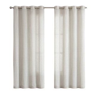 Two white curtain panels with stripes on a gray curtain rod