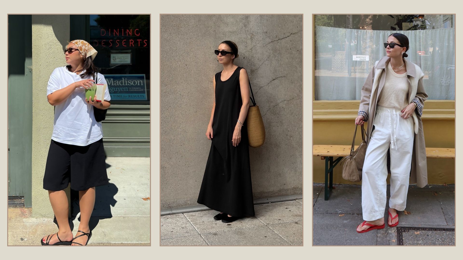 Woman wears white T-shirt, black long shorts, woman wears black dress, woman wears linen trousers