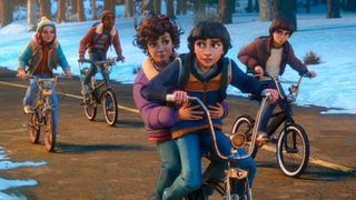 Max, Lucas, Eleven, Mike, and Will riding pedal bikes in Stranger Things: Tales From 85