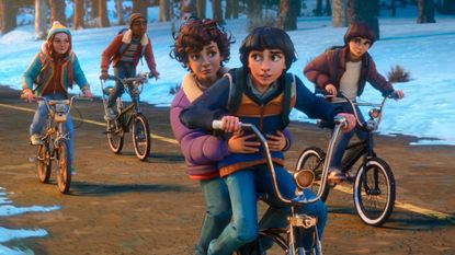 Max, Lucas, Eleven, Mike, and Will riding pedal bikes in Stranger Things: Tales From 85