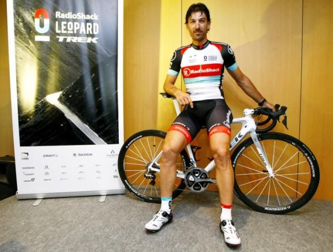 Fabian Cancellara sports the new, 2013 RadioShack Leopard kit at the team presentation.