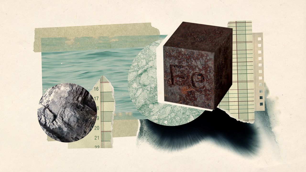 Photo collage of various chunks of iron, the sea, charts, and phytoplankton