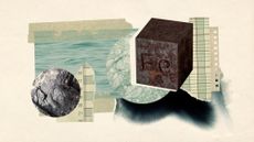 Photo collage of various chunks of iron, the sea, charts, and phytoplankton