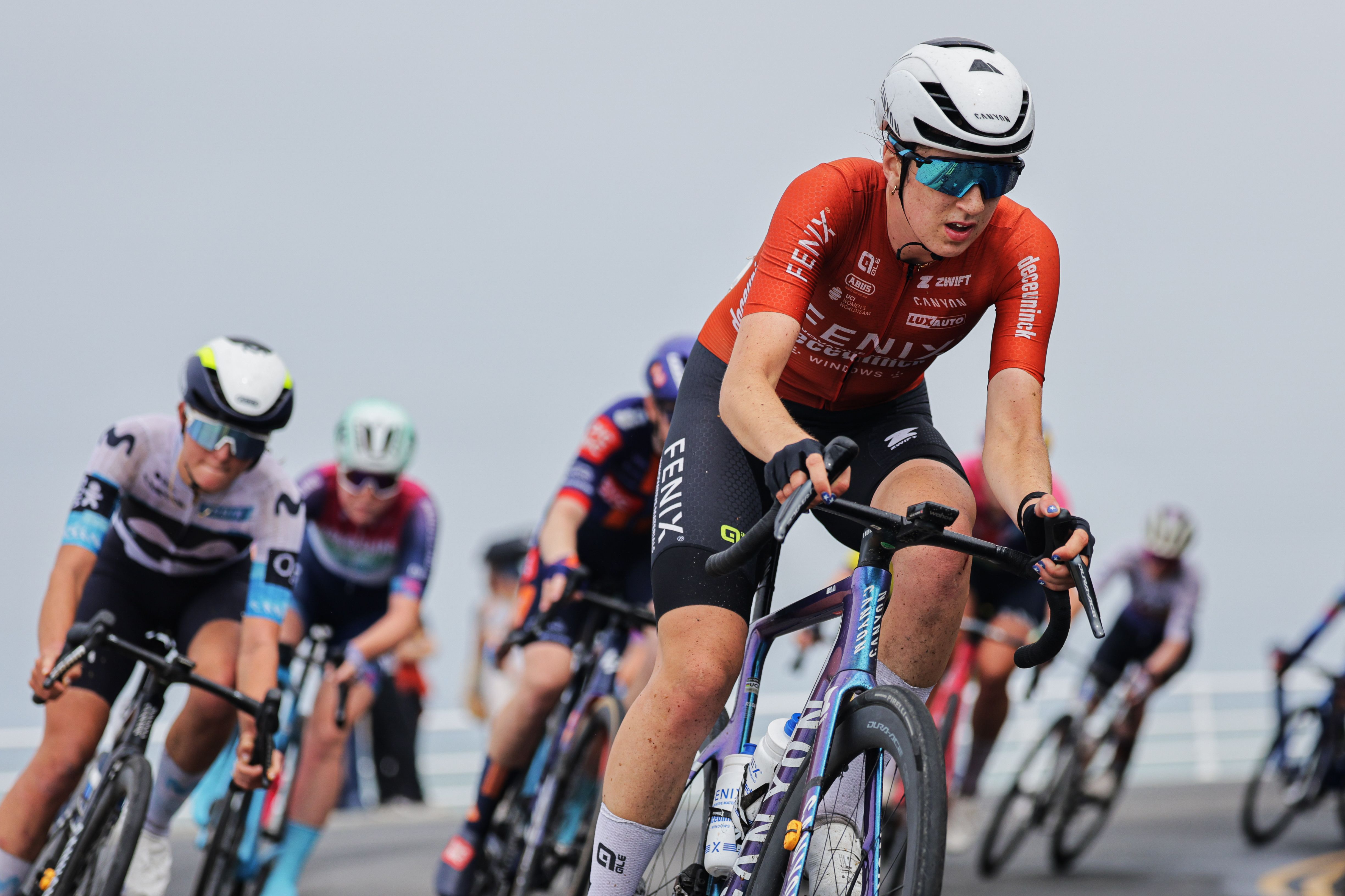 Millie Couznes during the 2025 British road championships women's road race in Aberystwyth