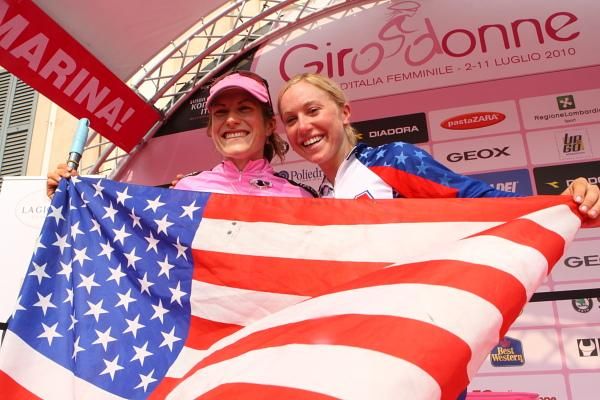 Mara Abbott, race winner and compatriot, Shelley Evans (United States), stage winner, on the podium.